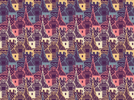 Old town with tower and fortress vector seamless pattern. Middle age fairy city endless texture.のイラスト素材