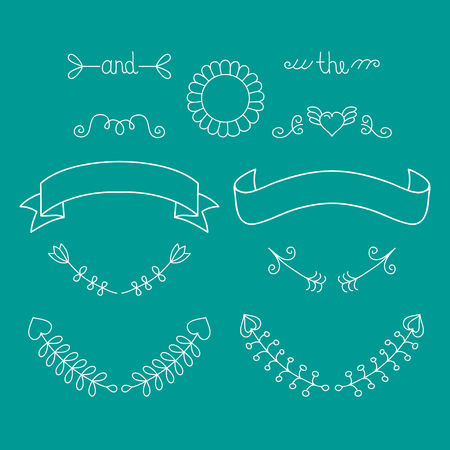 Wedding graphic set with wreath,ribbon etc. Vector calligraphic design elements and page decoration with lines dividers.のイラスト素材