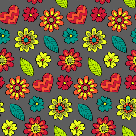 Colorful vector seamless floral pattern. Summer endless background with flowers and hearts.のイラスト素材