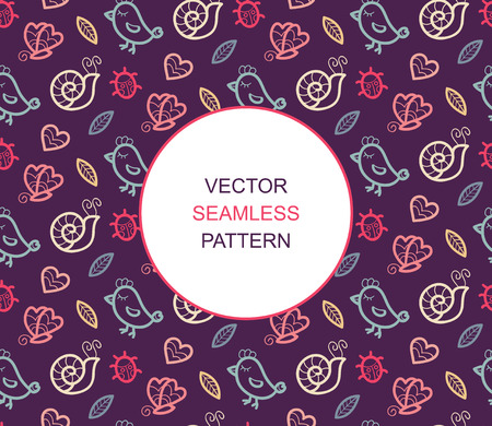 Summer vector seamless pattern with bird, ladybug, butterfly, snail, heart and leaf with place for text.のイラスト素材