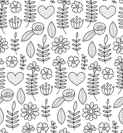 Black and white vector seamless floral pattern. Summer endless background with flowers and hearts.のイラスト素材