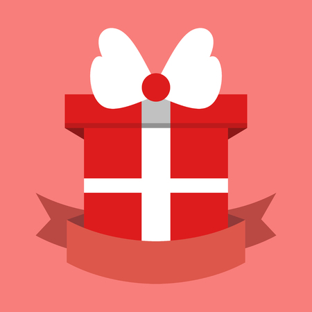 Birthday holiday card with ribbon and gift box. Greeting card in flat style.のイラスト素材