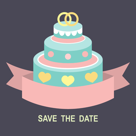Wedding romantic invitation card with ribbon, ring cake in flat style. Save the Date invitation in vector.のイラスト素材