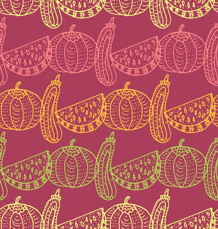 Vegetable and fruit vector seamless pattern with watermelon, pumpkin and squash.のイラスト素材