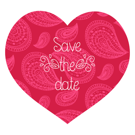 Wedding romantic invitation card with hand drawn paisley heart. Save the Date invitation in vector.のイラスト素材