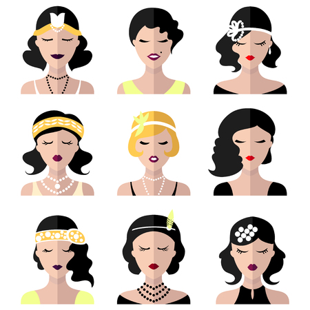 Set of different flapper girls icons in modern flat style.のイラスト素材