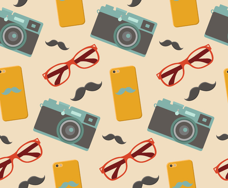 Vector hipster elements seamless pattern with fashion sunglasses, vintage camera, mobile phone etc. in trendy flat styleのイラスト素材