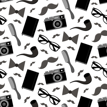 Vector hipster seamless pattern with fashion sunglasses, vintage camera, tobacco pipe and mustache in trendy flat styleのイラスト素材