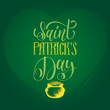 Vector Happy Saint Patricks Day hand lettering greetings card, poster design. Sketched irish symbol on green backgroundのイラスト素材