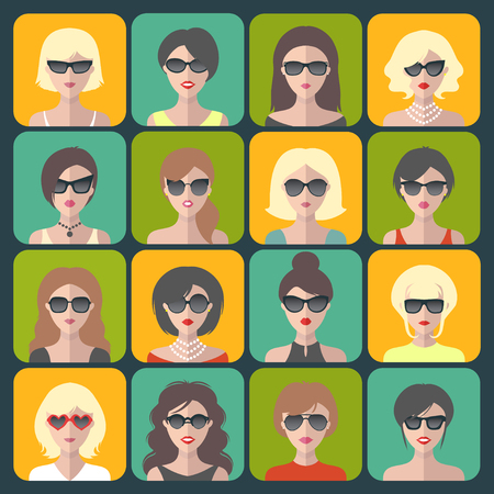 Big vector set of different women app icons in sunglasses in flat style.のイラスト素材