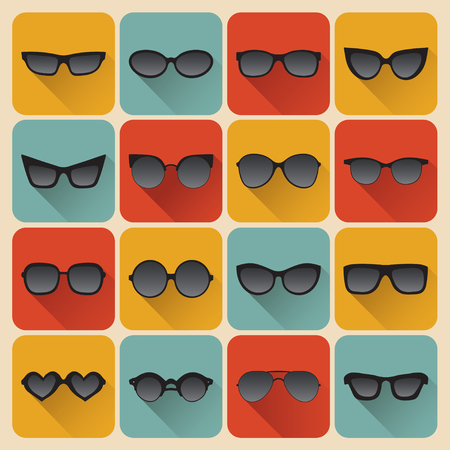 Big vector set of icons of different shapes sunglasses in trendy flat style.のイラスト素材