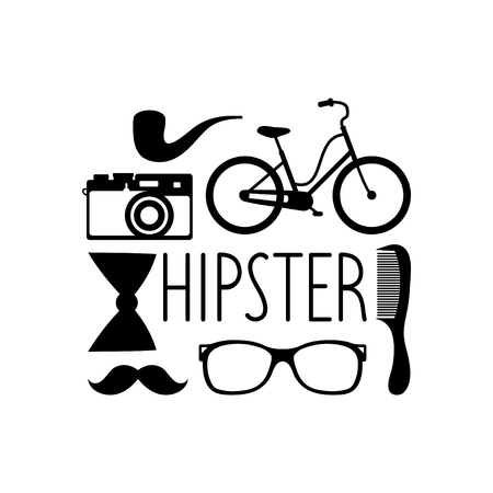 Vector set of hipster elements in flat style. Vintage collection with camera, comb, bow etc. and text Hipster.のイラスト素材