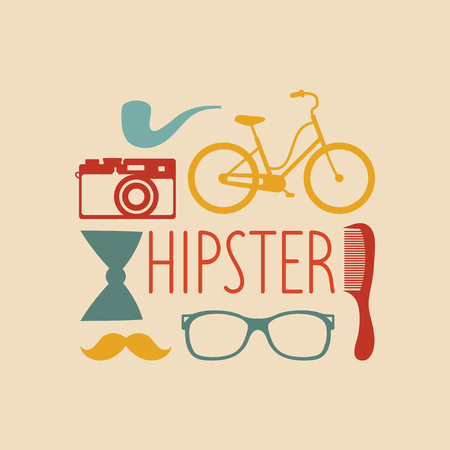 Vector set of hipster elements in flat style. Vintage collection with camera, comb, bow etc. and text Hipster.のイラスト素材