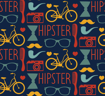 Vector hipster seamless pattern with fashion sunglasses, camera, retro bicycle, comb, bow, pipe etc.in trendy flat styleのイラスト素材