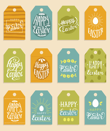 Happy Easter vector hand lettering greeting cards set. Religious holiday vector illustrations for labels, stickers etc.のイラスト素材