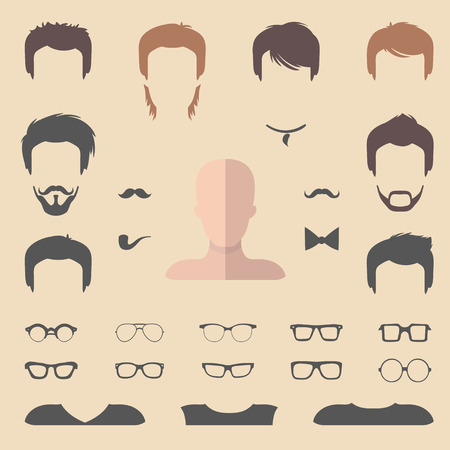 Big vector set of flat dress up constructor with different men haircuts, glasses, beard etc. Male faces icon creatorのイラスト素材