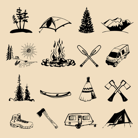Vector set of vintage camping logo elements. Retro signs of outdoor adventures. Tourist sketches for emblems or badges.のイラスト素材