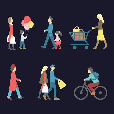 Vector set of walking and shopping people icons in trendy flat style. Collection of different man, woman, child images.のイラスト素材