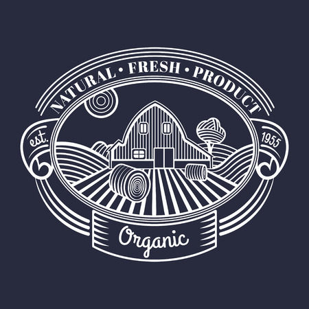 Vector retro farm fresh engraving logotype. Vintage organic bio products badge. Eco food sign.のイラスト素材