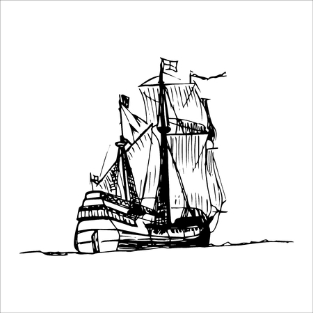 Sailing galleon ship in the ocean in ink line style. Vector hand sketched old warship. Marine theme design.のイラスト素材