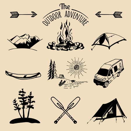 Vector set of vintage camping elements for logos, tourism emblems, badges. Retro signs collection of outdoor adventures.のイラスト素材