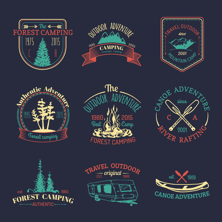 Vector set of vintage camping logos. Retro signs collection of outdoor adventures. Tourist sketches for emblems, badges.のイラスト素材
