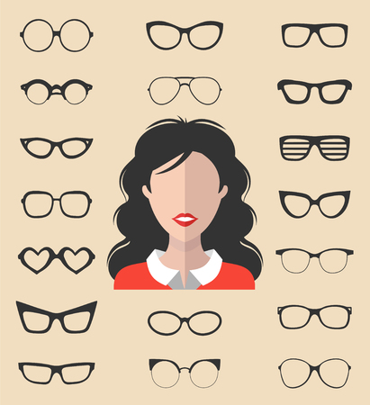 Big vector set of dress up constructor with different women glasses in trendy flat style.のイラスト素材