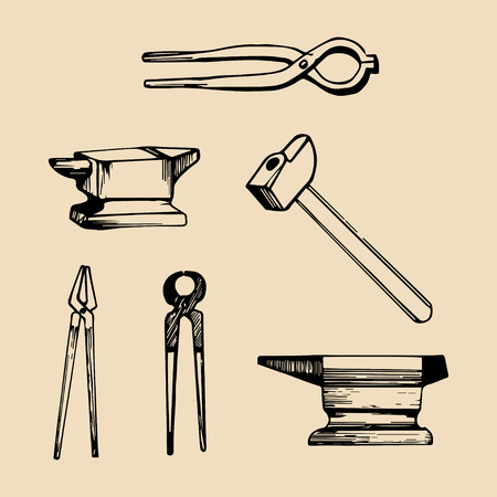 Vector illustration set of hand sketched blacksmith elements. Retro farrier icons or signsのイラスト素材