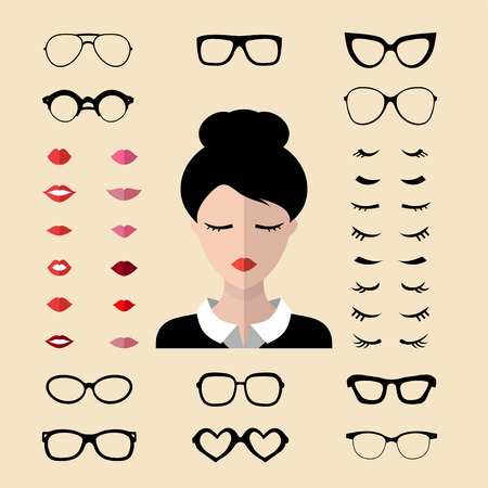Vector set of dress up constructor with different woman eyelashes,glasses,lips in flat style. Female faces icon creator.のイラスト素材