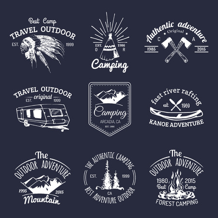 Vector set of camping logos. Tourism emblems or badges. Signs collection of outdoor adventures with Indian elements.のイラスト素材