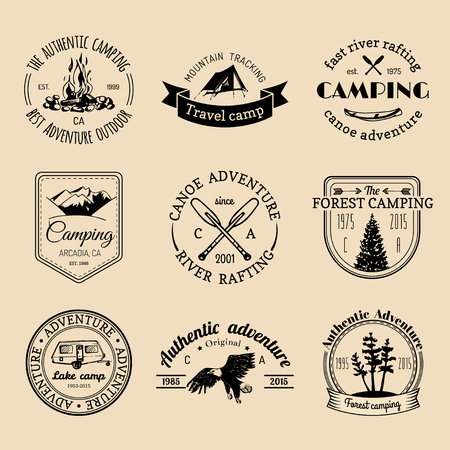Vector set of camping logos. Tourism emblems or badges. Signs collection of outdoor adventures with Indian elements.のイラスト素材
