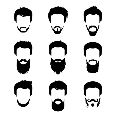 Vector set of different men hipster haircuts, beard, mustache icons in trendy flat style. Man faces images.のイラスト素材