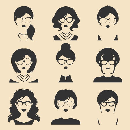 Big vector set of different women app icons in glasses in flat style. Female faces or heads images.のイラスト素材