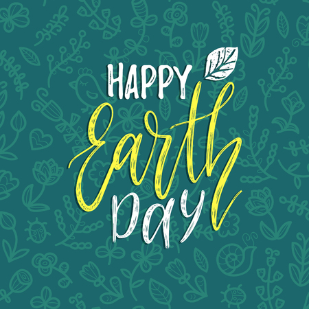 Happy Earth Day hand lettering background. Vector illustration with floral seamless pattern for greeting card etc.の写真素材