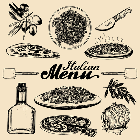 Hand sketched italian menu. Cuisine signs. Vector set of drawn mediterranean food elements with lettering. Traditional southern europe meal and drink in ink style.のイラスト素材