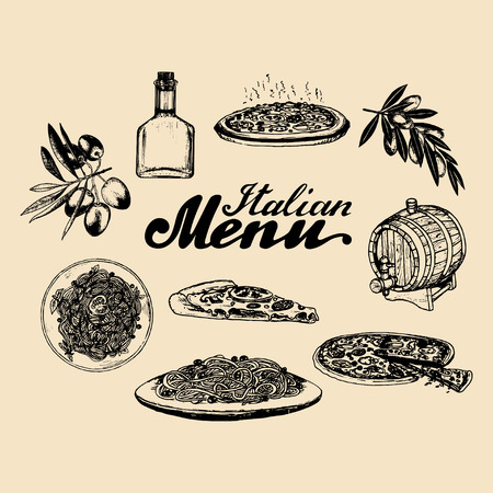 Hand sketched italian menu. Cuisine signs. Vector set of drawn mediterranean food elements with lettering. Traditional southern europe meal and drink in ink style.のイラスト素材