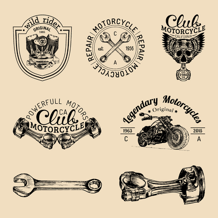 Vector biker club signs. Motorcycle repair logos set. Retro hand sketched garage labels. Custom chopper store emblems.のイラスト素材