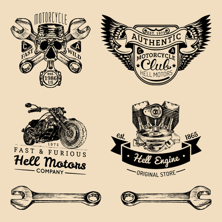 Vector biker club signs. Motorcycle repair logos set. Retro hand sketched garage labels. Custom chopper store emblems.のイラスト素材