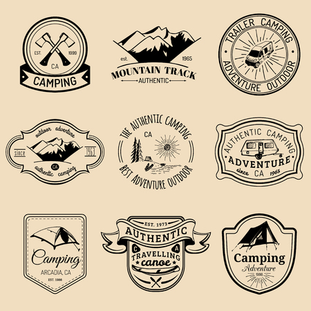 Vector set of vintage camping logos. Tourism emblems or badges. Retro signs collection of outdoor adventures.のイラスト素材