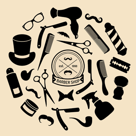 Vector set of barbershop icons in flat style. Hairdressing salon elements collection.のイラスト素材