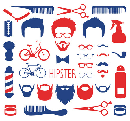 Vector set of dress up with different men hipster haircuts, glasses etc in flat style. App man faces creator.のイラスト素材