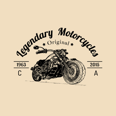 Vector vintage legendary motorcycles logo. Biker store icon, MC sign. Vintage illustration of hand drawn classic chopperのイラスト素材