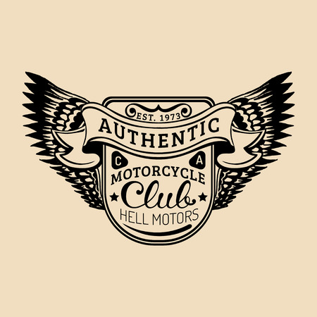 Biker logo with wings illustration. MC sign. Custom garage label. Vector vintage motorcycle store emblem.のイラスト素材