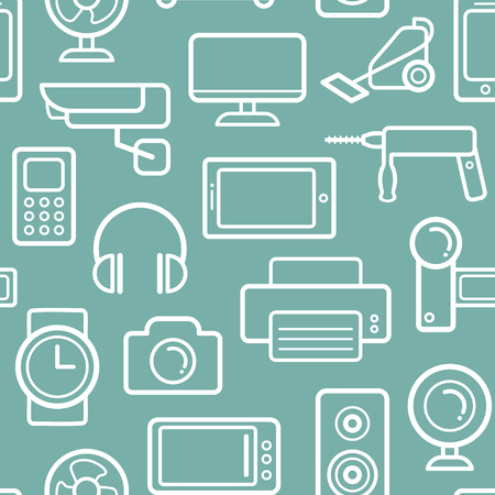 Vector seamless pattern of electrical engineering, household appliances and electronics icons in line style.のイラスト素材