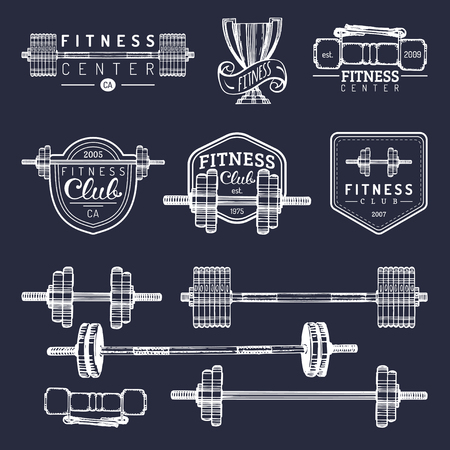 Vector fitness logos set. Hand sketched athletic signs. Gym emblems illustration. Sporting club icons for badges etc.のイラスト素材