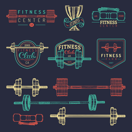 Vector fitness logos set. Hand sketched athletic signs. Gym emblems illustration. Sporting club icons for badges etc.のイラスト素材