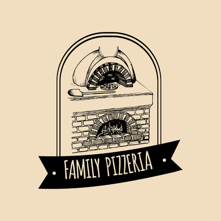 Vector vintage hipster italian food logo. Modern pizza sign. Hand drawn mediterranean cuisine illustration.のイラスト素材