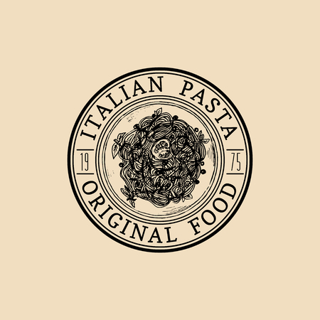 Vector vintage hipster italian food logo. Modern pasta sign or icon. Hand drawn mediterranean cuisine illustration.のイラスト素材