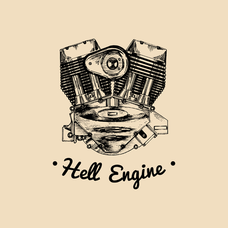 Hell Engine vector vintage motorcycle logo. Biker club sign. Garage label. Vector illustration of hand drawn motor.のイラスト素材
