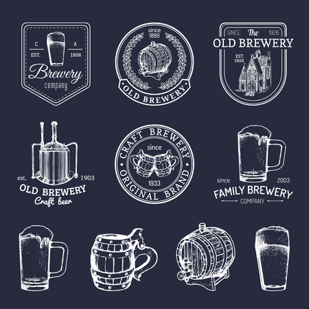Old brewery logos set. Kraft beer retro signs with hand sketched glass, barrel etc.のイラスト素材